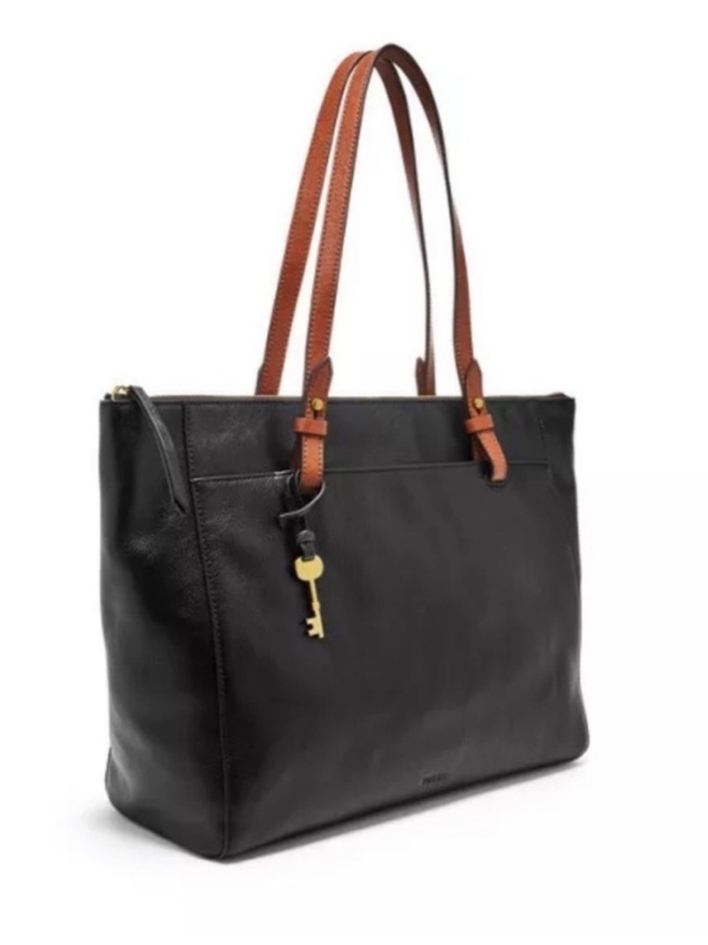 Fossil Black Leather Rachel Work Tote w/ Brown Straps